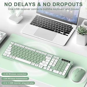 Wireless Keyboard and Mouse Combo, FullSized Wireless Keyboard and Adjustable DPI Mouse, 2.4GHz USB Receiver, Silent Keyboard and Mouse for PC, Windows, MAC, Desktop, Laptop (Avocado Green)