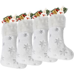 DIYASY White Christmas Stockings, 4 Pack Large Faux Fur Christmas Stockings with Silver Sequin Snowflakes Personalized Christmas Stocking for Fireplace Hanging and Holiday Party Decoration 17.5 Inches