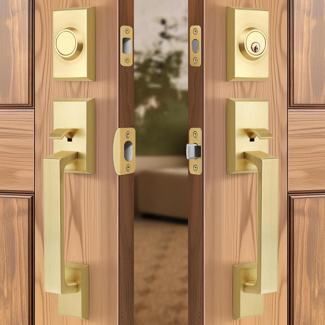 Brushed Gold Double Front Door Lock Set, Keyed Entry Front Door Handleset with Dummy, Square Heavy Duty Door Lever and Single Cylinder Deadbolt Combo, Satin Brass