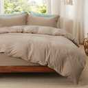 Bedsure Duvet Cover Queen Size with Fitted Sheet - 4 Pieces Prewashed Cotton-Like Polyester Extra Soft Bedding Set, Includes 1 Duvet Cover 90x90 Inches, 2 Pillow Shams, 1 Fitted Sheet, Light Brown
