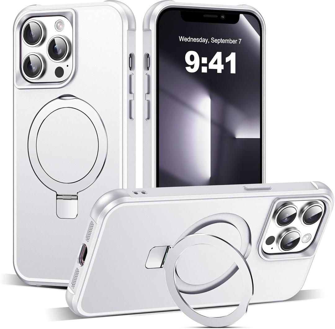 TIANLI Designed for iPhone 13 Pro Case with Magnetic Invisible Ring Stand [Compatible with Mag-Safe] [Military Drop Protection] Shockproof Anti-Slip Cover for Men Women,Sliver (Silver)