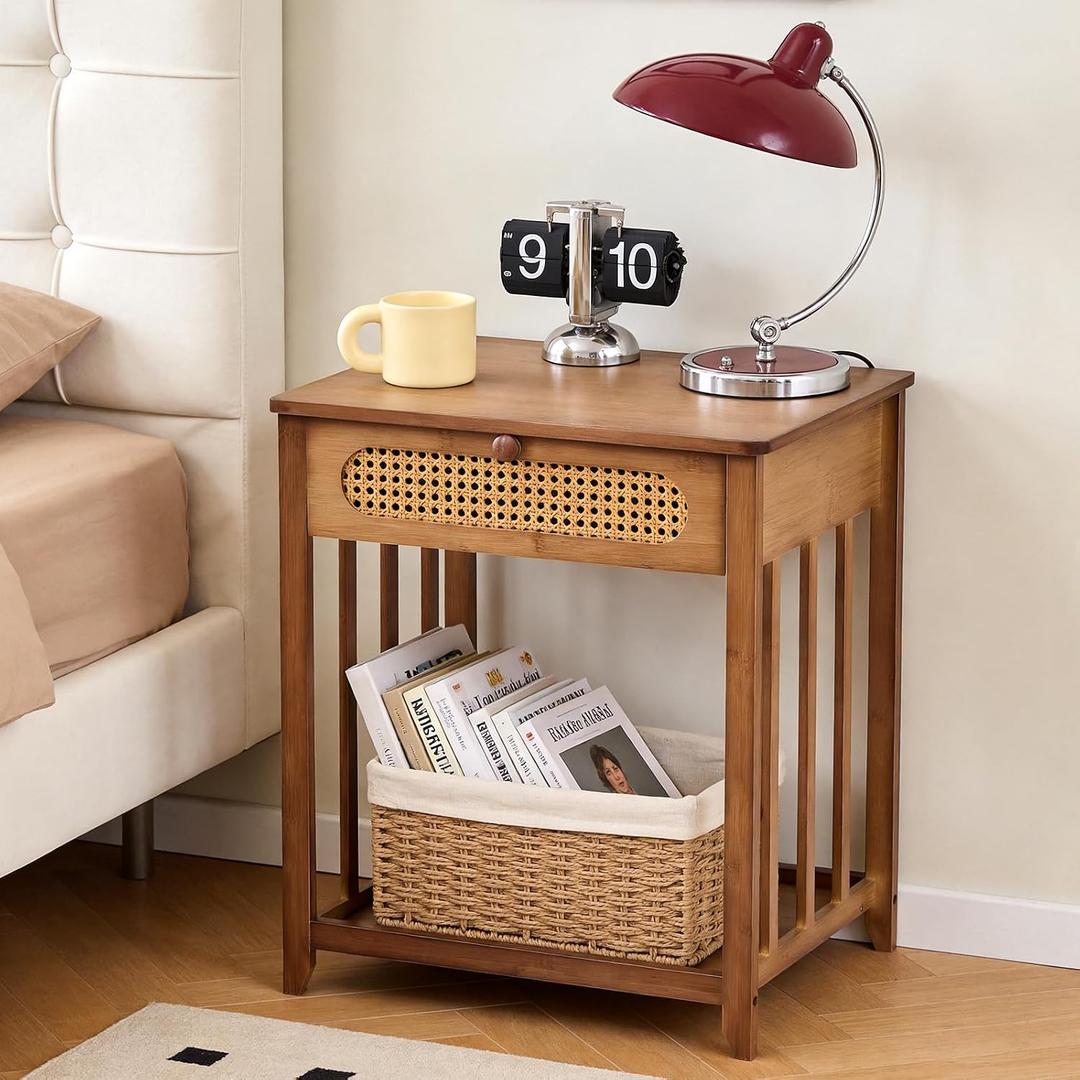 oakvivo Rattan Night Stand, Nightstand Bedside Table, Walnut Side Tables, 19.69"W x 15.75"D x 26.77"H