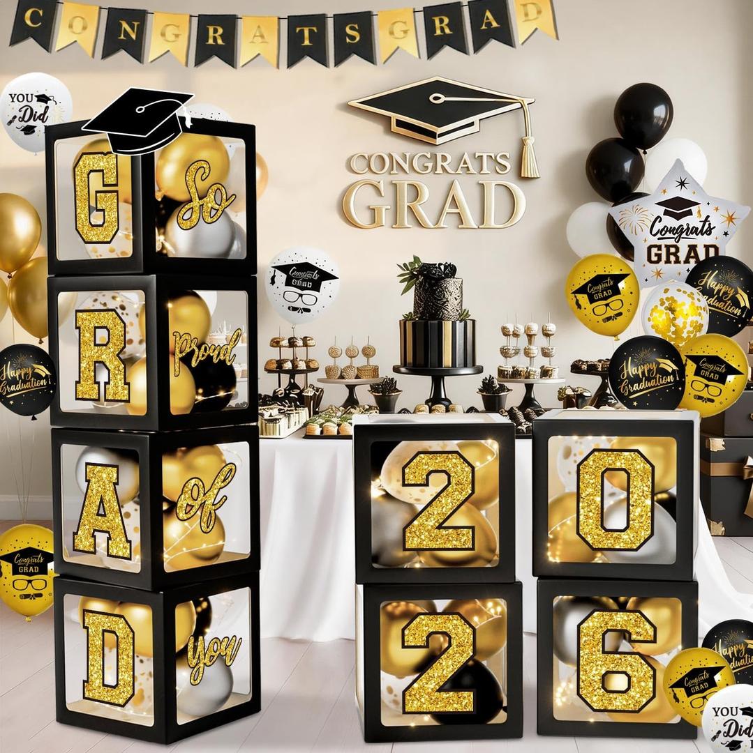Black and Gold Graduation Decorations 2026 - Balloons Boxes with Letters 2026 GRAD So Proud of You, Congrats Grad Party Decorations for Any Grades