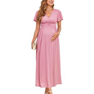 2025 Women's Sparkly Maternity Maxi Dress Ruffle Sleeve Wrap V Neck Pregnancy Dresses with Pockets Baby Shower XL