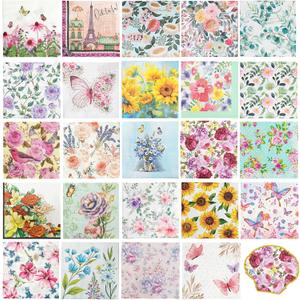 24 Pack Floral Decoupage Napkins Assorted - Gorgeous Butterflies Wildflower Watercolor Designs, 6.5 Inch Flower Cocktail Paper Napkins for DIY Crafting, Birthday Party, Art Projects & Decor