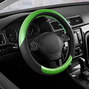 Road Comforts Steering Wheel Cover Breathable Leather Steering Wheel Cover, Anti-Slip Grip, Universal Fit 14.5 to 15, Heat & Cold Resistant for Cars, SUVs, and Trucks Black & Shining Green