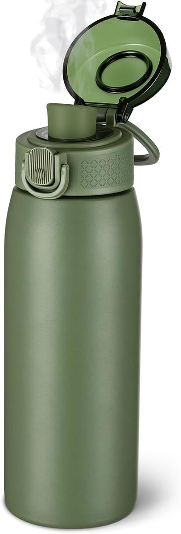Insulated Water Bottle 18 oz with Dustproof Lid, Carry Handle & Tea Infuser, BPA-Free & Leakproof, Stainless Steel Water Bottles Ideal for Fitness, Hiking, Office & Outdoor Use （Olive Green ）