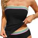 Daci Bandeau Tankini Swimsuits for Women - Two Piece Ruched Tummy Control Bathing Suit Strapless Swimwear with Bottom (X-Large, Black Webbing Color Block)