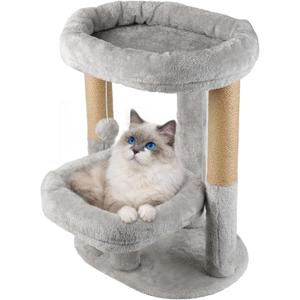 Cat Tree for Indoor Cats, 2-Tier Cat Tower with Padded Donut Beds, Stable Structure, Sisal Scratching Posts & Hanging Ball Toy, Modern Cat Furniture (Light Grey)