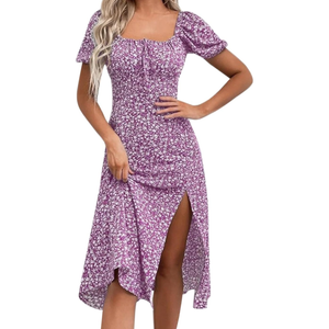 SPRIME Women's Floral Summer Casual Dress Square Neck Puff Sleeve Boho Midi Dresses Ruched Bust High Waist Split Long Dress, M