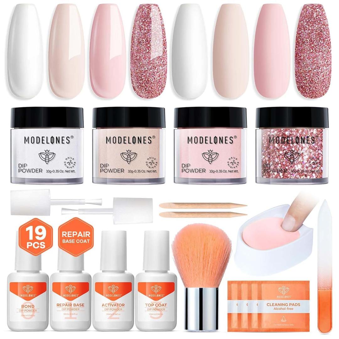 Modelones Pink Dip Powder Nail Kit, 4 Colors White Nude Glitter Dipping Starter Set with Liquid and Complete Accessories for French Nails Art Salon DIY at Home Gifts for Women
