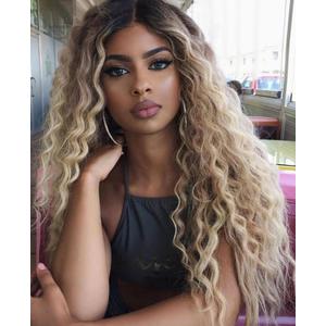 Fencca Ombre Blonde Long Curly Wigs for Women Heat Synthetic Curly Hair Wavy Full Wig Middle Part Natural Looking Wig (Blonde(with scalp))