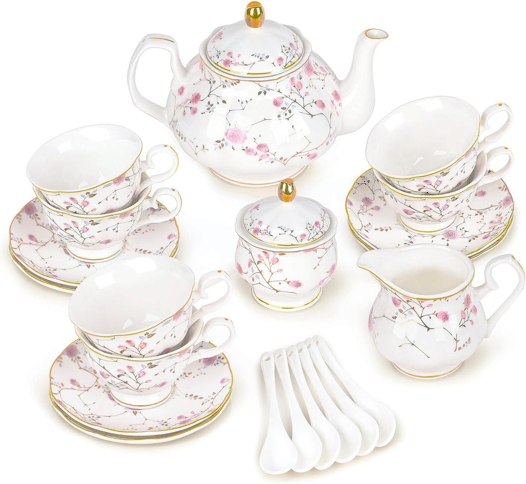 fanquare 21-Piece Gold Vine Floral Porcelain Tea Sets with Sugar Bowl Creamer Teacups, English Bone China Tea Service for Women TeaParty Family Gathering Home Dcor