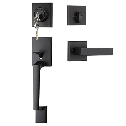 Haidms Black Front Door Handle and Deadbolt Set, Entry Door Handle and Deadbolt with Reversible Handle Lever,Front Door Lock Set, Exterior Door Handles and Locks