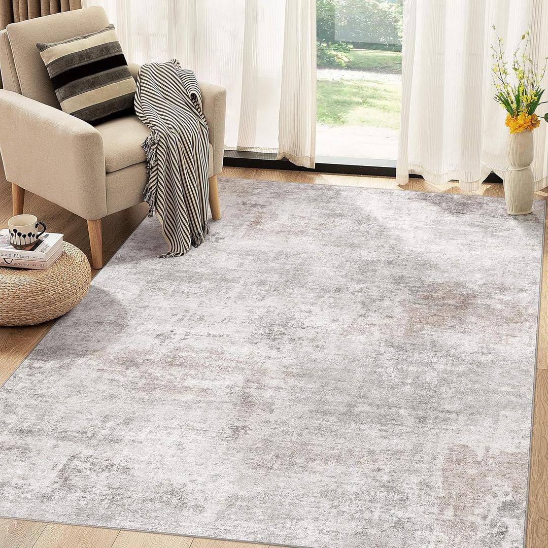 Abstract 6x9 Area Rug: Machine Washable Non Slip Ultra Thin Low-Pile Carpet, Soft Stain Resistant for Living Room Bedroom Nursery, Kid Pet Friendly, Robot Vacuum Compatible - Brown Grey