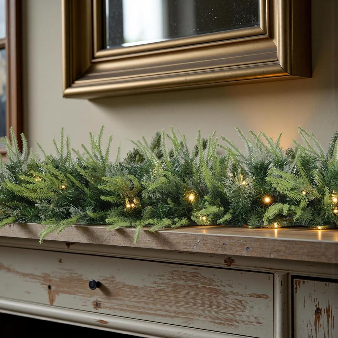 Prelit Christmas Garland 9ft with Multi-Function with 50 Warm White Multi-Color Lights, Battery Opreated Christmas Decor Timer for Mantle Staircase Indoor and Outdoor Prelight Xmas Garland