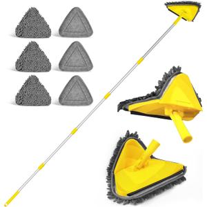 JEHONN Wall Mop with Long Handle 80 Inches, Upgraded 180 Collapsible Baseboard Cleaner Tool with Squeegee, Ceiling Duster with 3 Microfiber and 3 Chenille Pads for Cleaning Window, Cabinet (Yellow)
