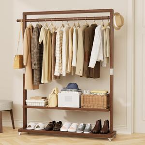 Solid Wood Clothes Rack with Wheels | 3-in-1 Freestanding Garment Rack & Coat Tree, Extra-Long Rod, Two Shelves, 220 lb Load | Organizer for Bedroom & Entryway