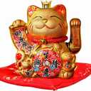 7.5Inch Golden Lucky Cat with Waving Gold Arm Operated Chinese Feng Shui Deoration Lucky Fortune Cat for Shops, Restaurants, Living Room Gift for Friends or Colleagues