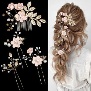 4 PCS Bridal Flower Wedding Hair Pins Crystal Pearl Hair Clips Flower Headpiece Gold Wedding Hair Accessories Jewelry with Rhinestone for Brides Bridesmaids Women Girls Updo (Pink)