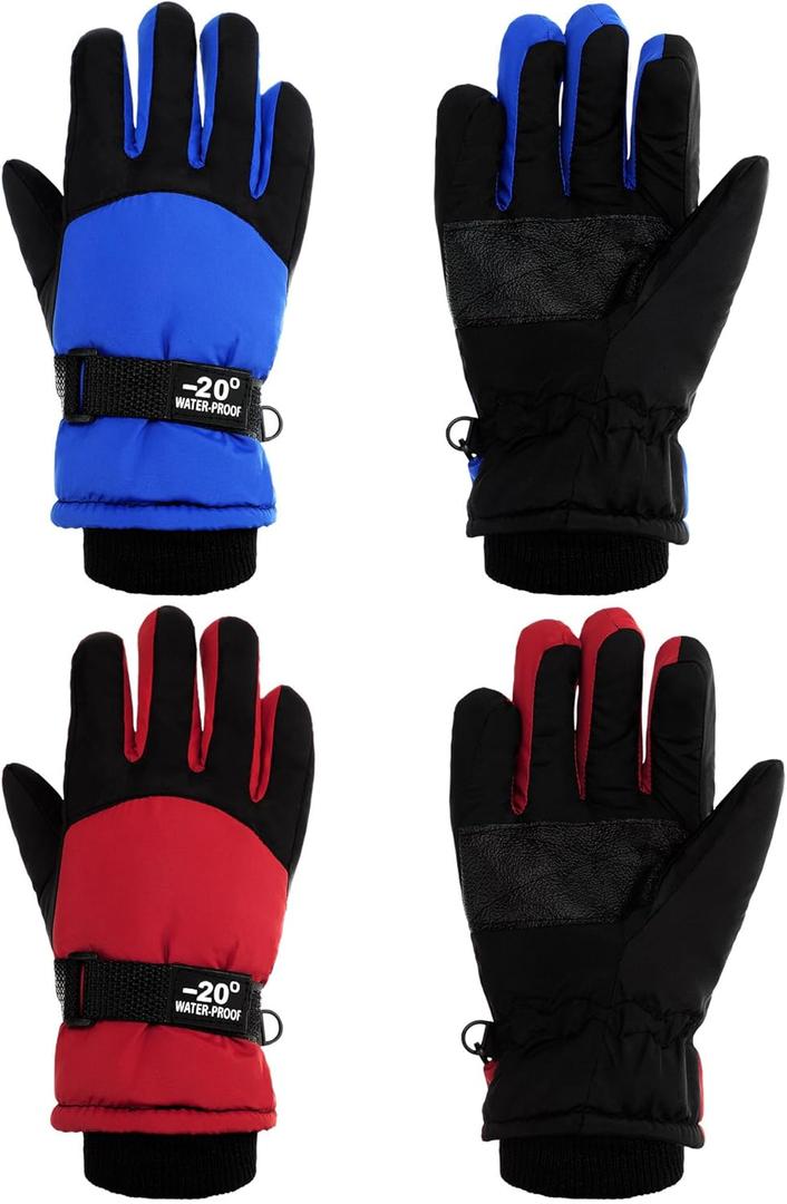 SATINIOR 2 Pairs Kids Waterproof Winter Snow Gloves Ski Gloves for Boy Girl Outdoor Warm Thickening Snowboar (8-12 Years, Red, Blue)