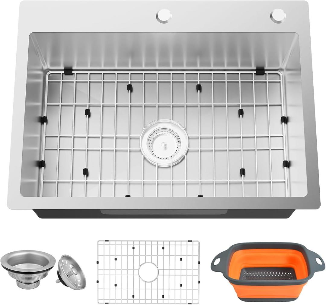 Kitchen Sink,25x18 Inch Stainless Steel Drop In Topmount Kitchen And Bar Sink Stylish and Modern Look Come With Bottom Grid,Drain Basket And Drain Assembly Add Elegance & Enhance Usability., 25x18x9 inches