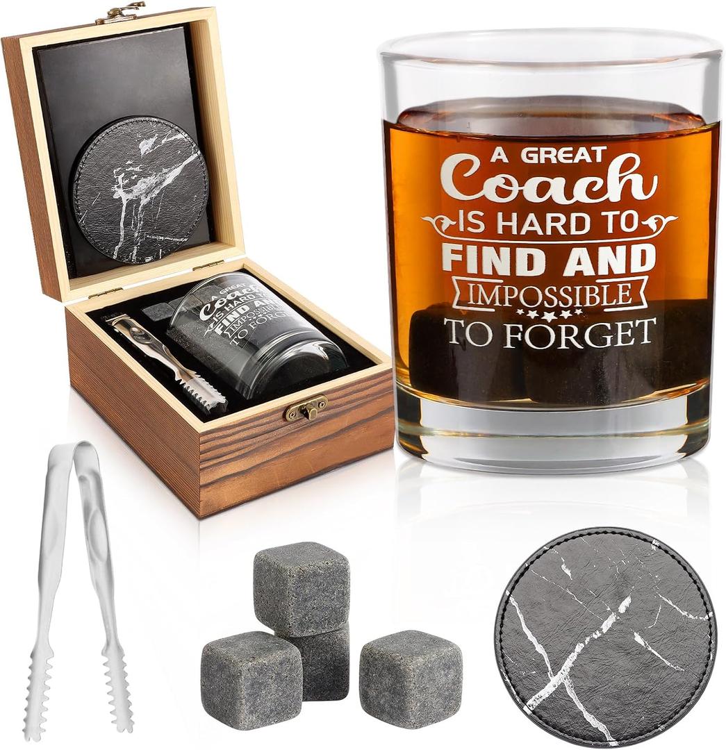 Whiskey Glass Gifts for Coaches, Best Coach Gift for Men, Thank You Gifts for Coaches with 12oz Whiskey Glasses, Stones, Coaster, Wooden Box for Baseball, Softball, Soccer, Basketball Coach