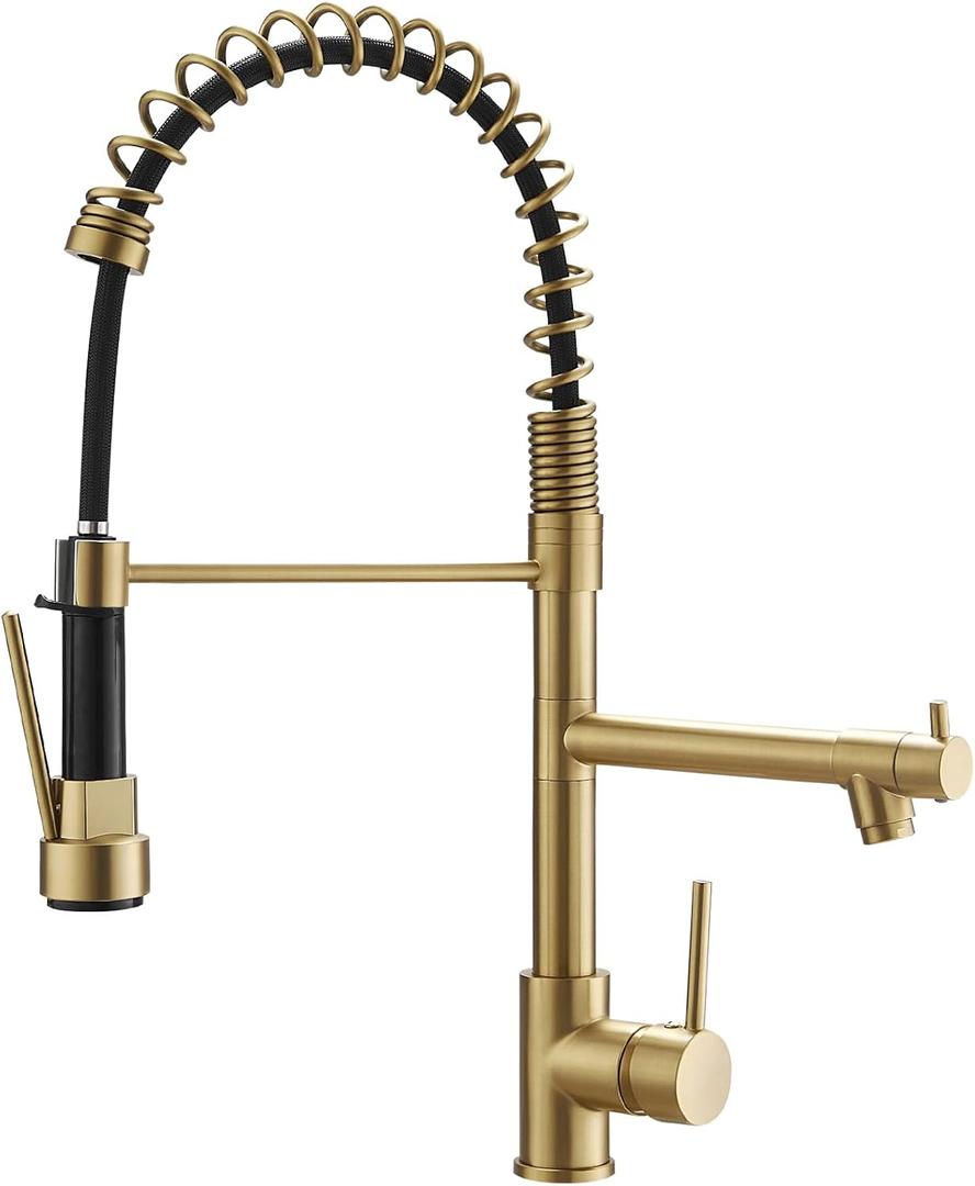 Brushed Gold Kitchen Faucet with Pull Down Sprayer, AIMADI Commercial Gold Kitchen Sink Faucet Single Handle Spring Two Nozzles Faucets