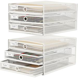 Zhanmai Pack of 2 Desk Organizer with Drawer Total 6 Tiers, Wire Mesh Organizers Tray Multifunctional Paper Sorter File Stand for Home Office Supplies Storage Letter A4 Paper Office Accessories(White)