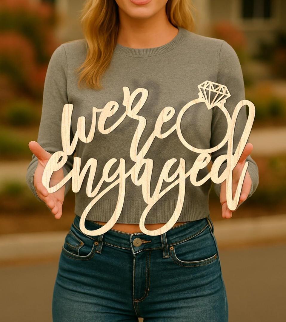 We are Engaged Sign for Backdrop, Engaged Wooden Sign for Bridal Shower Decorations Diamond Ring Wall Hanging Decoration Photo Booth Props Cutout