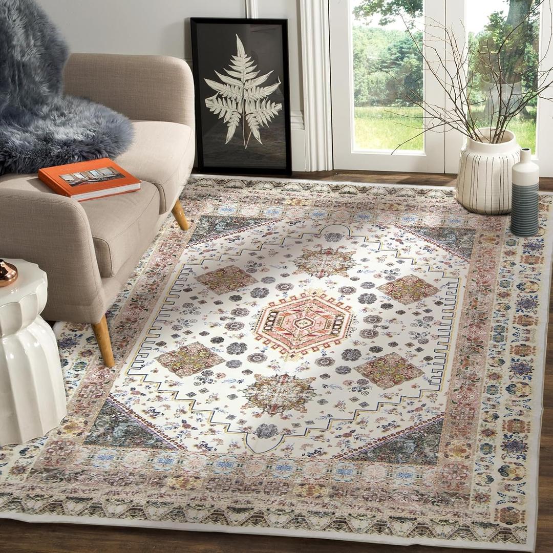 5x7 Rugs for Living Room, Boho Washable Rug for Bedroom, Machine Washable Area Dining Room Rugs for Living Room Kitchen Bedroom Bathroom (Beige)