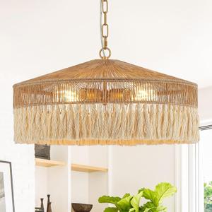 23” Boho Hand Woven Rattan Pendant Light Fringe Adjustable Minimalist 4-Lights Large Chandelier for Kitchen Island Dining Room Living Room, UL Listed