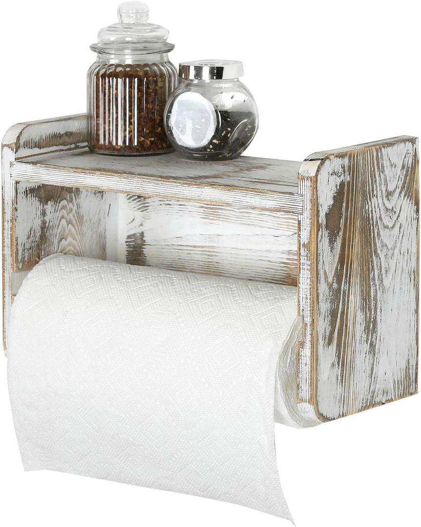 MyGift Farmhouse Paper Towel Holder, Shabby Whitewashed Wood Farmhouse Wall Mounted Kitchen Napkin Dispenser Rack with Top Storage Shelf Spice Racks