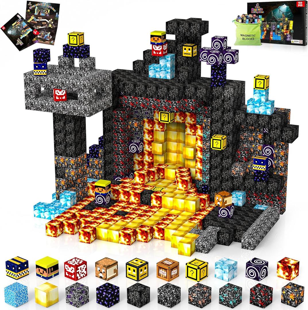 Hltyigr 150PCS Magnetic Blocks-Magnetic Building Blocks Magnet Toys Set Stacking Cave World with Magnet Construction Toys STEM Sensory Gift for Kids Toddlers Boys & Girls Birthday Gifts Ages 3+