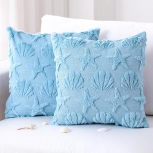 Breling 2 Pcs 18x18 Inch Beach Shells Starfish Theme Faux Fur Pillow Covers Summer Coastal Embroidery Soft Throw Pillows Covers for Bedroom Sofa Holiday Home Decoration