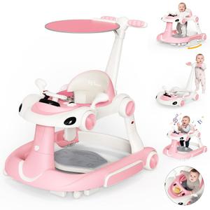 Baby Walker with Wheels, 7-in-1 Foldable Baby Walkers for Boys Girls 6-12 Months with Feeding Tray & Music, Lights,Rocker,Sun Canopy, Bouncing Pedal, Adjustable Wheel Speed, Push Walker (Pink)