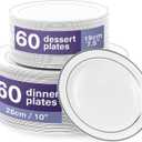 MATANA 120 Silver Plastic Plates for Party - Reusable, Elegant 60 Dinner (10.25 Inch) 60 Dessert (7.5 Inch) Plates Disposable Heavy Duty with White and Silver Rim for Weddings and Christmas Parties