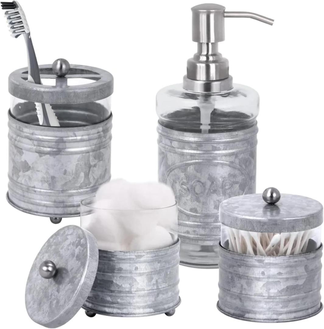 Autumn Alley Farmhouse Matte Galvanized Bathroom Accessories Set (4 PCS) - Lotion Soap Dispenser, Toothbrush Holder Set, 2 Glass Apothecary Jars (Qtip Holder) - Rustic Bathroom Accessories Set