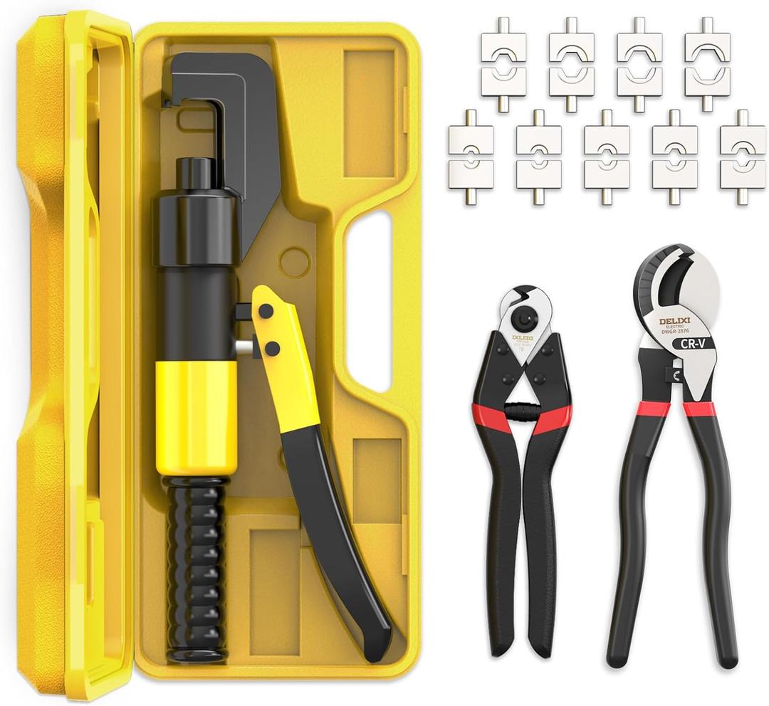 8 Tons Hydraulic Crimping Tool with Cable Cutters & Wire Cutters, 12 to 2/0 AWG Battery Cable Crimper, Cable Crimper Tool with 9 Dies for Wire Rope, Battery Cable Ends Ring Terminals