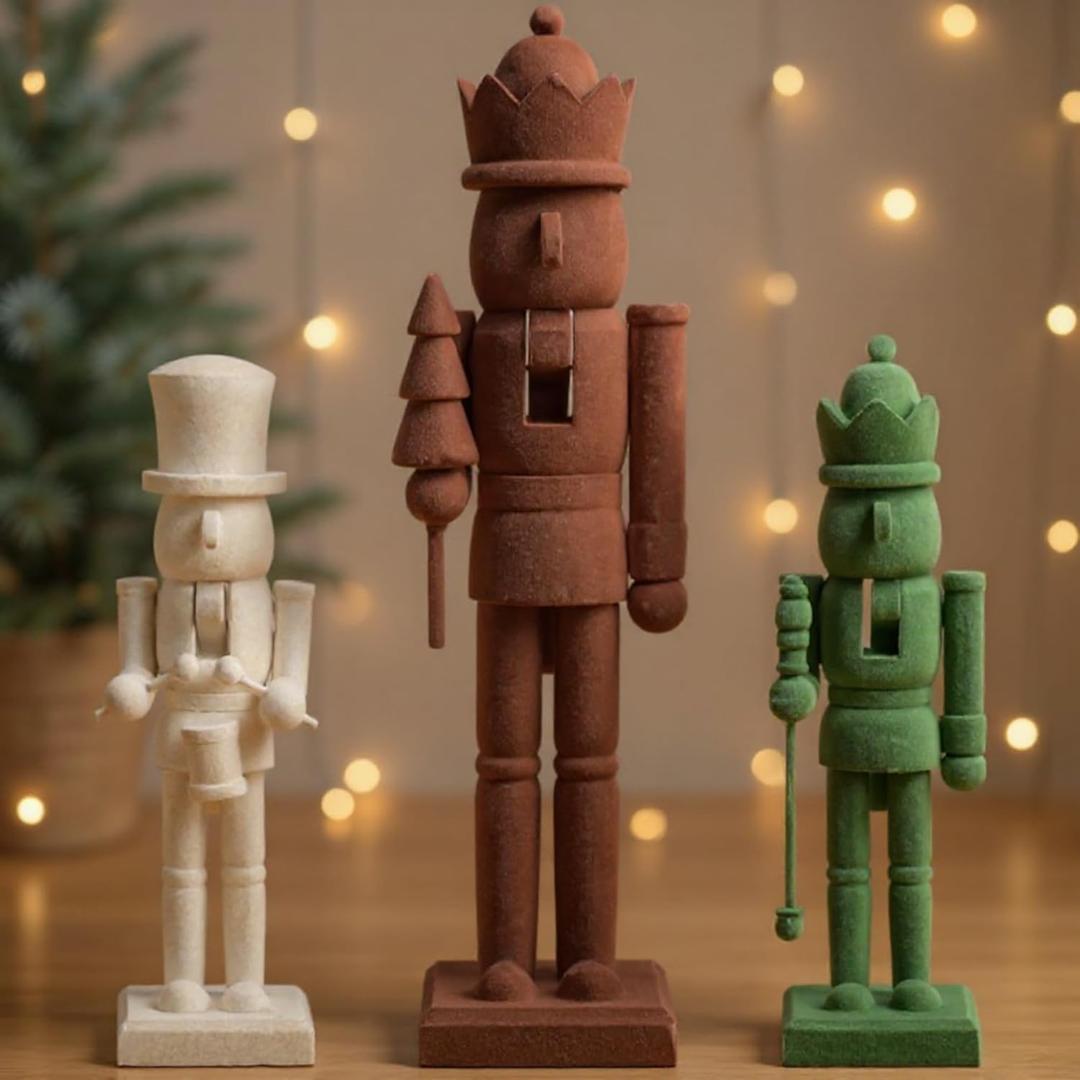 Chunful 3 Pcs Flocked Neutral Christmas Nutcracker Figure 15 Inch and 10 Inch Brown Green Velvet Wooden Nutcracker Soldier Christmas Decoration for Table Desktop Fireplace Home Decor