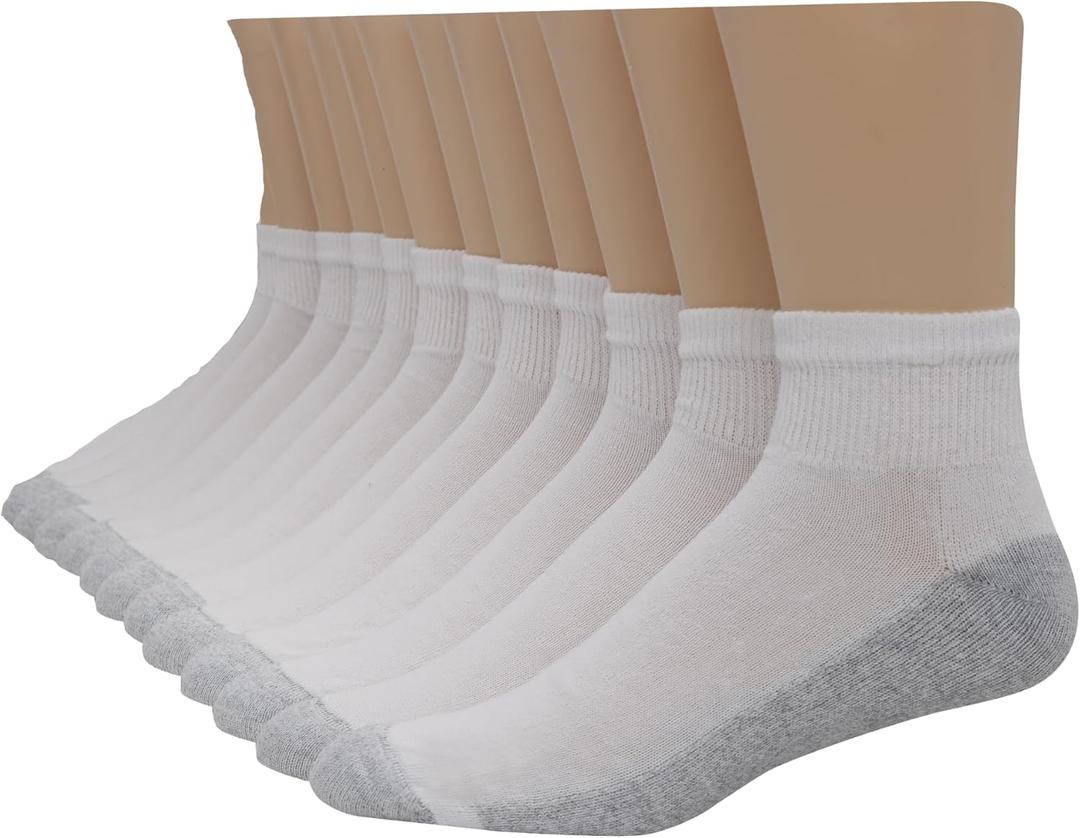 Hanes Men's Double Tough Socks, Crew and Ankle Moisturing Wicking Socks, Black & White, Multi-Packs (12-14, White - 12 Pair)