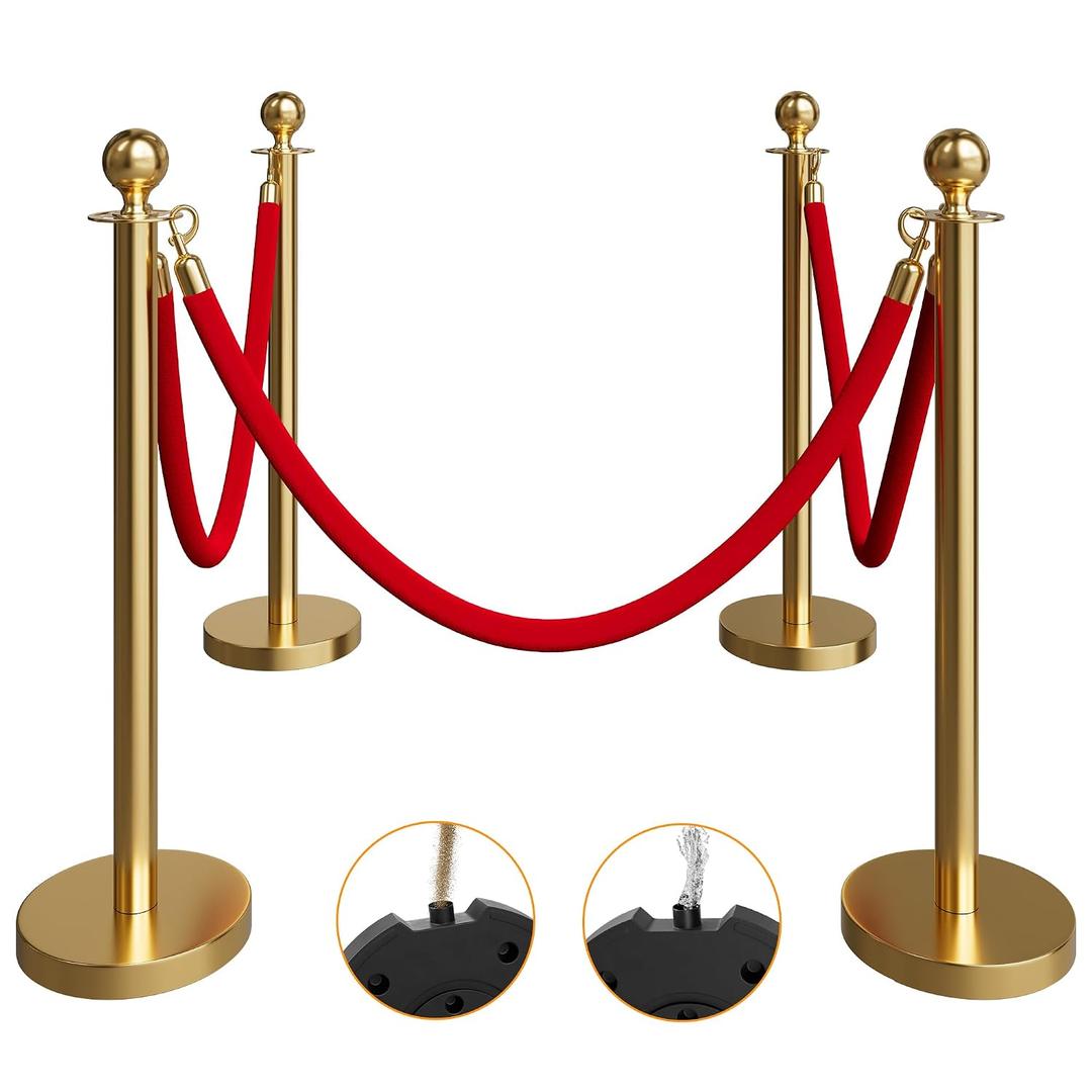 4 Pack Gold Stanchions and Velvet Ropes Set, Stainless Steel Crowd Control Barriers, 3Pcs Red Carpet Ropes and Poles for Party Supplies,Photobooth Accessories, Prom,Birthday,Business,Wedding, Museums