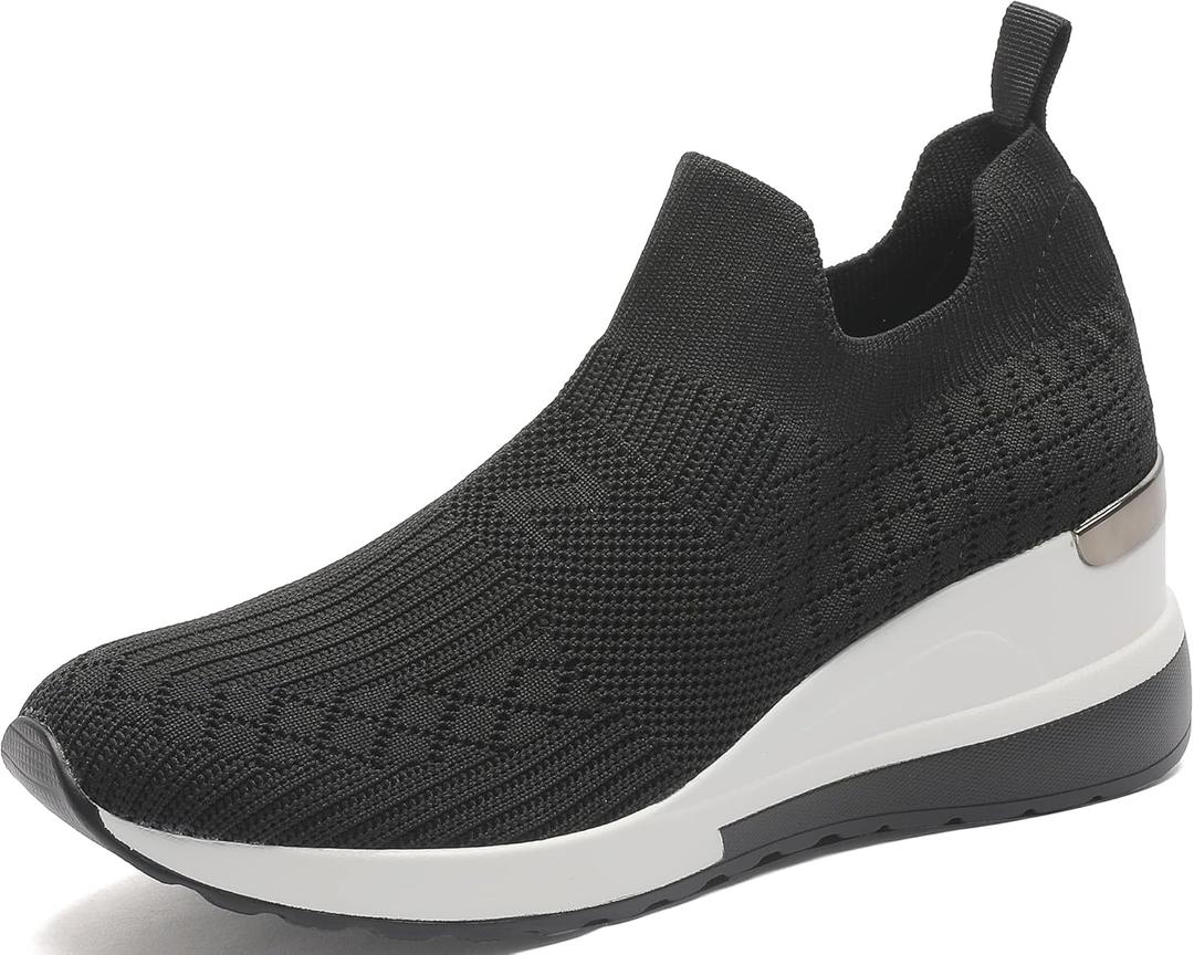 YZ High Heel Black Wedge Sneakers for Women Knit Upper Breathable Shoes (Black, 8.5)