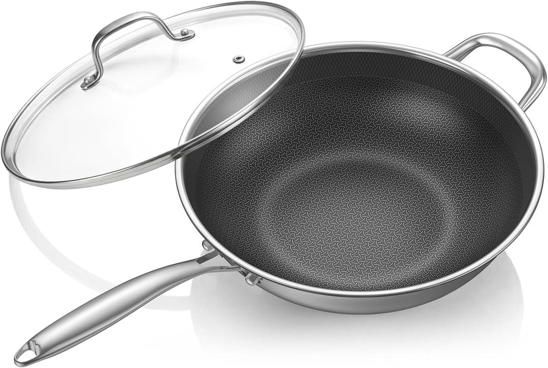 12.5-Inch Hybrid Stainless Steel Wok Pan with Lid, Laser-Textured Nonstick Stir Fry Pan, PFOA-Free, Induction Compatible, Oven & Dishwasher Safe for All Cooktops
