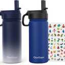 Kids Water Bottle, 2-Pack 16oz Kids Water Bottle with Stickers for School, insulated Stainless Steel Straw Cup(Sapphire+Gray)