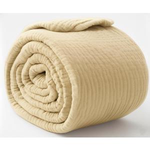 KyraHome 100% Organic Cotton Throw Blanket, 90"x90" Queen Muslin Blankets for Adults, Couch, Pre-Washed Breathable Lightweight Blanket, Coverlet, All Season (Shortbread/Creamy)