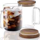 DRASTAR Glass Coffee Mugs, 20 oz Clear Coffee Cups, Coffee Mug with Acacia Wood Lid, Tea Glass Cups with Handles, Large Coffee Mug Set of 2, Glass Coffee Cups for Latte, Espresso, Tea