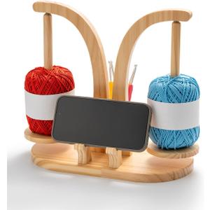 Wooden Yarn Holder for Crocheting and Knitting, Yarn Spinner with Dual Leg Phone Tablet Stand, Crochet Hook Storage Cylinder and Anti Slip Base (Natural)