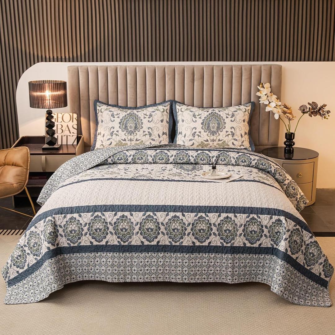Bohemian Queen Size Quilt Comforter Sets 3 Pieces Quilts (1 Quilt, 2 Pillow Shams) Nordic Bedding Set Printed Coverlet with Pillowcase Lightweight Bedspread Set for All Seasons(Dark Blue)