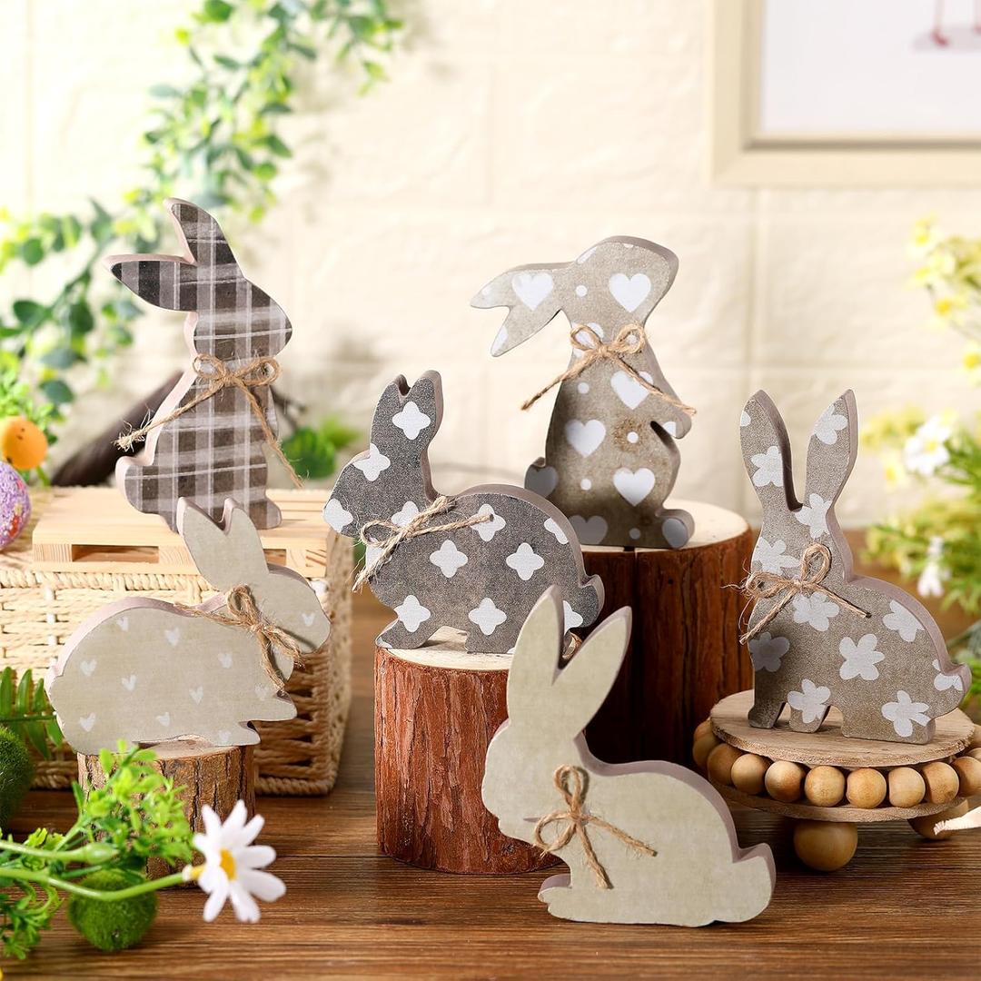6 Pcs Easter Table Decorations Wooden Bunny Tiered Tray Decor Stand Signs Easter Bunny Tabletop Centerpiece with Rope Farmhouse Rabbit Decorations for Spring Party Home Office(Cute)